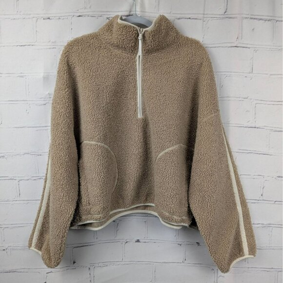 OLD NAVY Tan Brown Beige Sherpa Womens Jacket Sweater Cropped 2x Quarter Zip - Picture 1 of 11